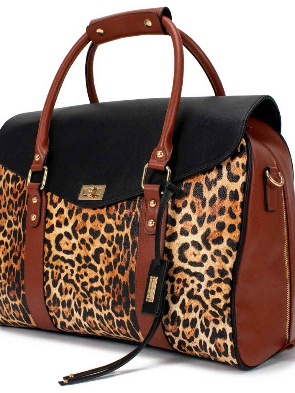 Badgley Mischka Leopard Print Leather Satchel Black Brown Accents weekender bag - Picture 2 of 15